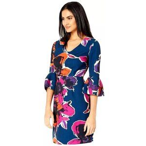 Trina Turk Sz 10 Bold Floral Print 3/4 Sleeve Dress With bell Cuffs Scuba GUC